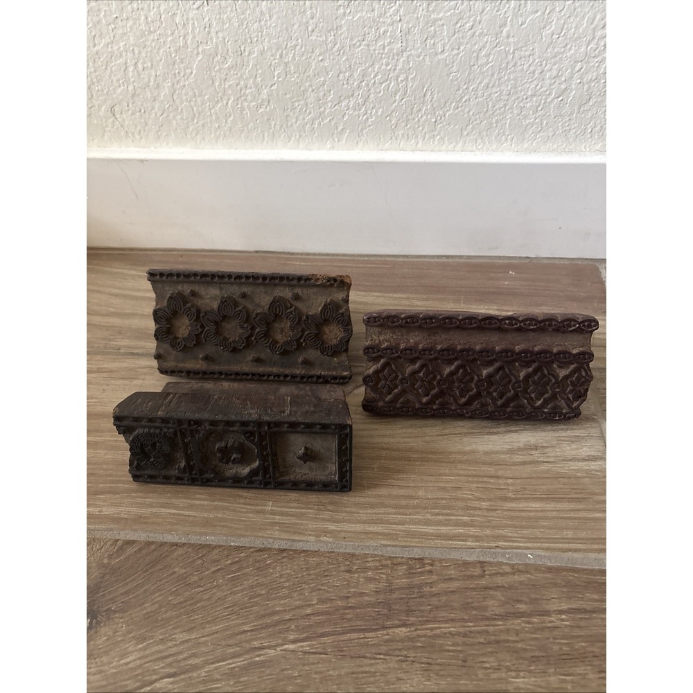 Lot Of 3 Antique Hand Carved Old Wood Textile Printing Block Wooden 7" x 3"
